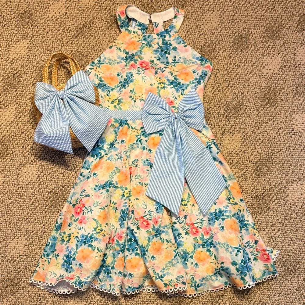 NWOT Floral Kids Dress with Blue Bow and matching purse